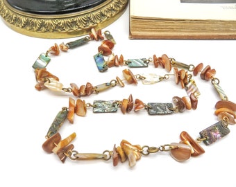 Vintage Abalone Burnt Sienna Orange-Brown Shell Bead Chain Necklace NN66