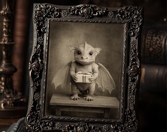 Vintage Victorian Baby Dragon Holding Gift Gothic Fantasy Wall Print Antique Style Photography