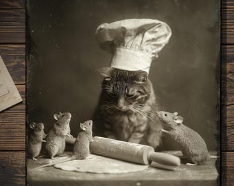 Vintage Victorian Cat Cooking Card Gothic Chef Mice Baking Antique Style Photography Blank Inside