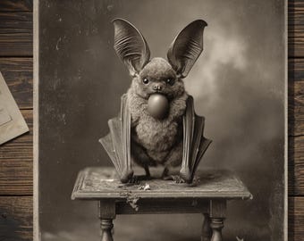 Vintage Victorian Bat Eating Chocolate Egg Easter Card Gothic Antique Style Portrait Blank Inside