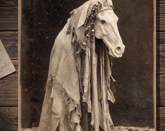 Mari Lwyd Welsh Folklore Horse Skull Gothic Yule Greeting Card Pagan Winter Ritual Antique Photograph Style