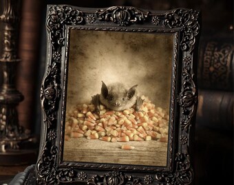 Victorian Bat Candy Corn Pile Halloween Print Gothic Antique Style Photography Wall Art
