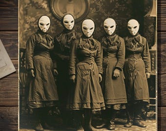 Victorian Masked Ladies Gothic Weird Vintage Sepia Creepy Group Portrait Art Greeting Card Blank Inside