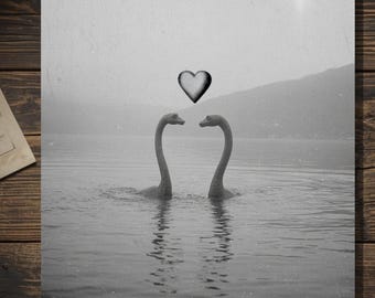 Vintage Victorian Loch Ness Monster Love Card Gothic Cryptid Heart Valentine Antique Style Photography Blank Inside