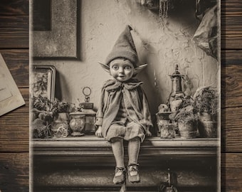 Vintage Victorian Elf Christmas Card Gothic Holiday Art Antique Style Photography Blank Inside