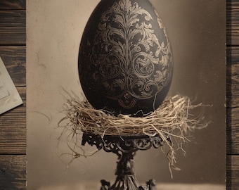 Vintage Gothic Black Easter Egg Card Victorian Style Ornate Dark Spring Blank Inside