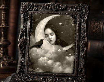 Vintage Moon Goddess Raven Print Gothic Celestial  Victorian Moon Wall Art