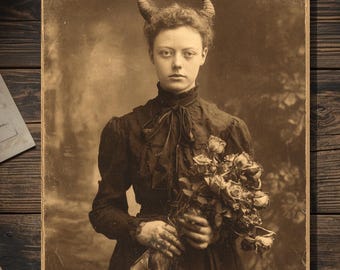 Vintage Victorian Horned Demon Girl with Dead Roses Valentine Card Gothic Macabre Antique Photography Blank Inside