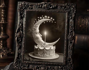 Vintage Crescent Moon Candle and Birthday Cake Print Victorian Celestial Style