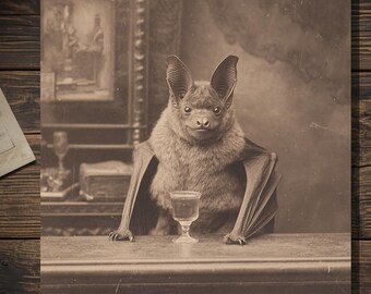 Victorian Bat At Bar Greeting Card Antique Style Sepia Gothic Bat Card