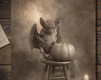 Vintage Victorian Bat Carving Pumpkin Halloween Card Gothic Antique Style Photography Blank Inside