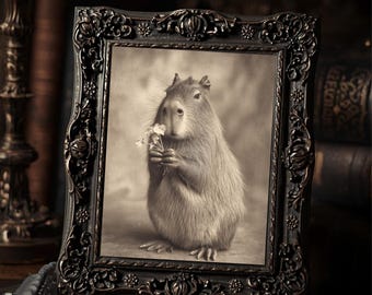 Capybara Holding Flowers Victorian Animal Art Print Cabinet Card Style Gentle Gothic Wall Art