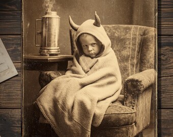 Vintage Victorian Sick Kid in Devil Pajamas Get Well Card Gothic Dark Humor Art Antique Style Photography Blank Inside