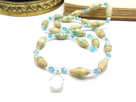 Vintage Aqua Blue Beige Paper Bead Crystal Accent… - image 1