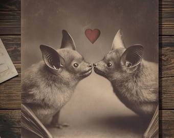 Vintage Victorian Bat Couple Love Card Gothic Valentine Art Antique Style Photography Blank Inside