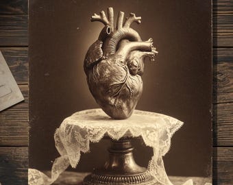 Vintage Victorian Anatomical Heart on Pedestal Valentine Card Gothic Macabre Antique Cabinet Photo Blank Inside