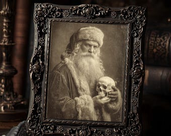 Creepy Santa With Skull Christmas Print  Gothic Holiday Wall Art Macabre Antique Style Photograph