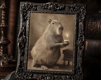 Victorian Capybara Holding Birthday Cupcake Funny Gothic Animal Art Print