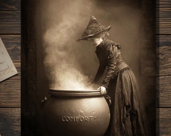 Vintage Victorian Witch Brewing Comfort Card Gothic Macabre Antique Style Photography Blank Inside