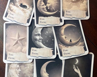 Vintage Victorian Celestial Gift Tags Set of 9 Gothic Moon Wrapping Tags Dark Academia Witchy Lunar Gifts