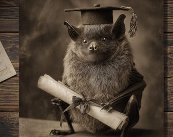 Vintage Victorian Graduation Bat Card Gothic Humor Antique Style Photography Blank Inside