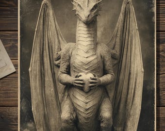 Vintage Dragon Holding Heart Valentine Card Gothic Fantasy Art Antique Style Photography Blank Inside
