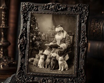 Santa Reading to Kittens Print Vintage Christmas Wall Art Cat Holiday Decor