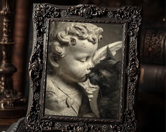 Cupid Statue Kissing Black Cat Gothic Valentine Art Print Romantic Victorian Love