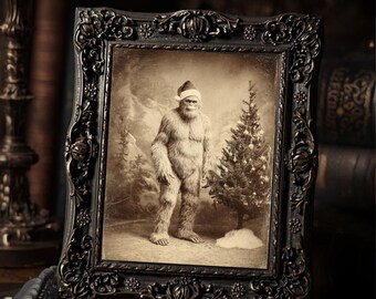 Vintage Victorian Bigfoot Christmas Santa Hat Funny Sasquatch Holiday Wall Art Print