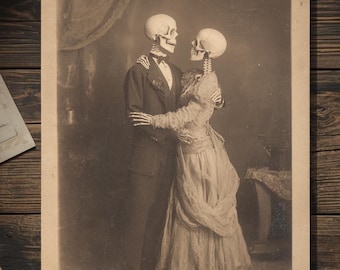 Vintage Victorian Skeleton Couple Dancing Wedding Love Anniversary Card Gothic Macabre Art Antique Style Photography Blank Inside
