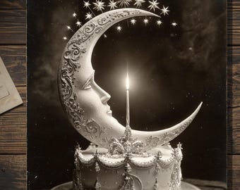 Vintage Crescent Moon Birthday Card Victorian Celestial Gothic Blank Inside
