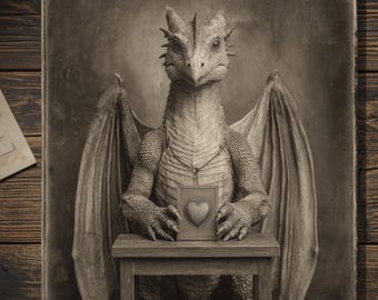 Vintage Dragon Holding Heart Card Valentine Card Gothic Fantasy Art Antique Style Photography Blank Inside