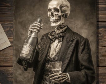 Vintage Victorian Skeleton Champagne Thank You Congratulations Card Gothic Macabre Art Antique Style Photography Blank Inside