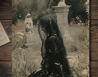 Vintage Victorian Mourning Woman in Cemetery Sympathy Card Antique Condolence Cabinet Photo Blank Inside
