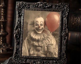 Vintage Victorian Creepy Clown With Balloon Gothic Dark Horror  Art Print Antique Style Macabre Wall Decor