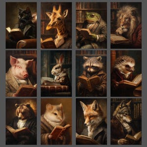 May include: A collection of twelve individual portraits featuring anthropomorphic animals dressed in formal attire, each reading a book within a library setting. The subjects include a cat, giraffe, frog, lion, pig, rabbit, raccoon, hedgehog, bear, hamster, fox, and wolf.