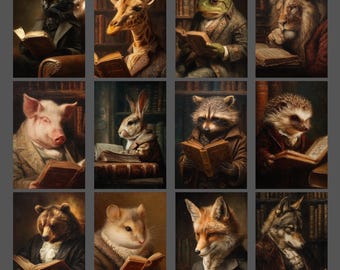 Vintage Animals Reading Library Notecard Set of 12 Blank Victorian Greeting Cards Stationery