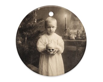 Vintage Victorian Child Holding Skull Christmas Gothic Ornament Dark Holiday Memento Mori Decor