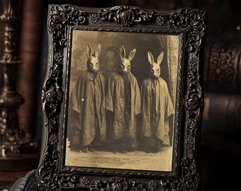 Creepy Rabbit Mask Trio  Gothic Weird Vintage Sepia Animal Mask Art Print Dark Wall Decor