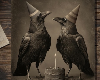 Vintage Gothic Crow Birthday Card Party Hat Ravens Victorian Style Photo Blank Inside