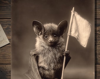 Victorian Bat White Flag Apology Card Antique Style Sepia Gothic Bat Card