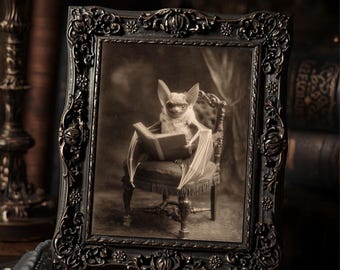 Victorian Bat Reading Book Art Print Antique Style Sepia Bat Portrait Gothic Print