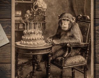 Vintage Victorian Monkey Birthday Card Funny Animal Birthday Blank Greeting Card