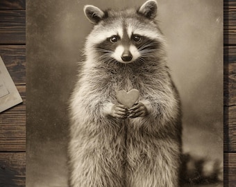 Raccoon Holding Heart Valentine Card Funny Vintage Style Animal Love Card Gothic Whimsical