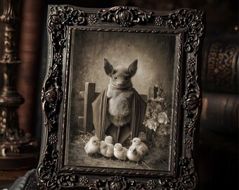Vintage Victorian Bat With Baby Chicks Gothic Wall Print Antique Style Art