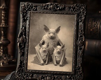 Vintage Victorian Bat Mother and Babies Print Gothic Animal Wall Art Antique Style Photography Dark Whimsical Decor