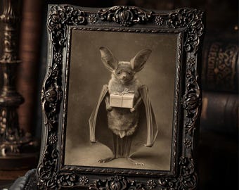 Victorian Bat Holding Gift Art Print Gothic Antique Style Sepia Bat Portrait