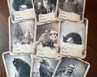 Vintage Victorian Christmas Animal Gift Tags Set of 9 Gothic Holiday Tags Creepy Cute Winter Wrapping
