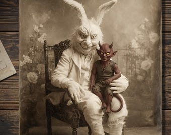 Vintage Victorian Creepy Easter Bunny With Devil Child Portrait Card Gothic Antique Style Art Blank Inside