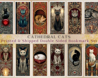 Cathedral Cats Bookmark Set Gothic Illuminated Design Baroque Feline Art Jeweled Filigree Ornate Medieval Style Choose 4, 8, or 12 Printed